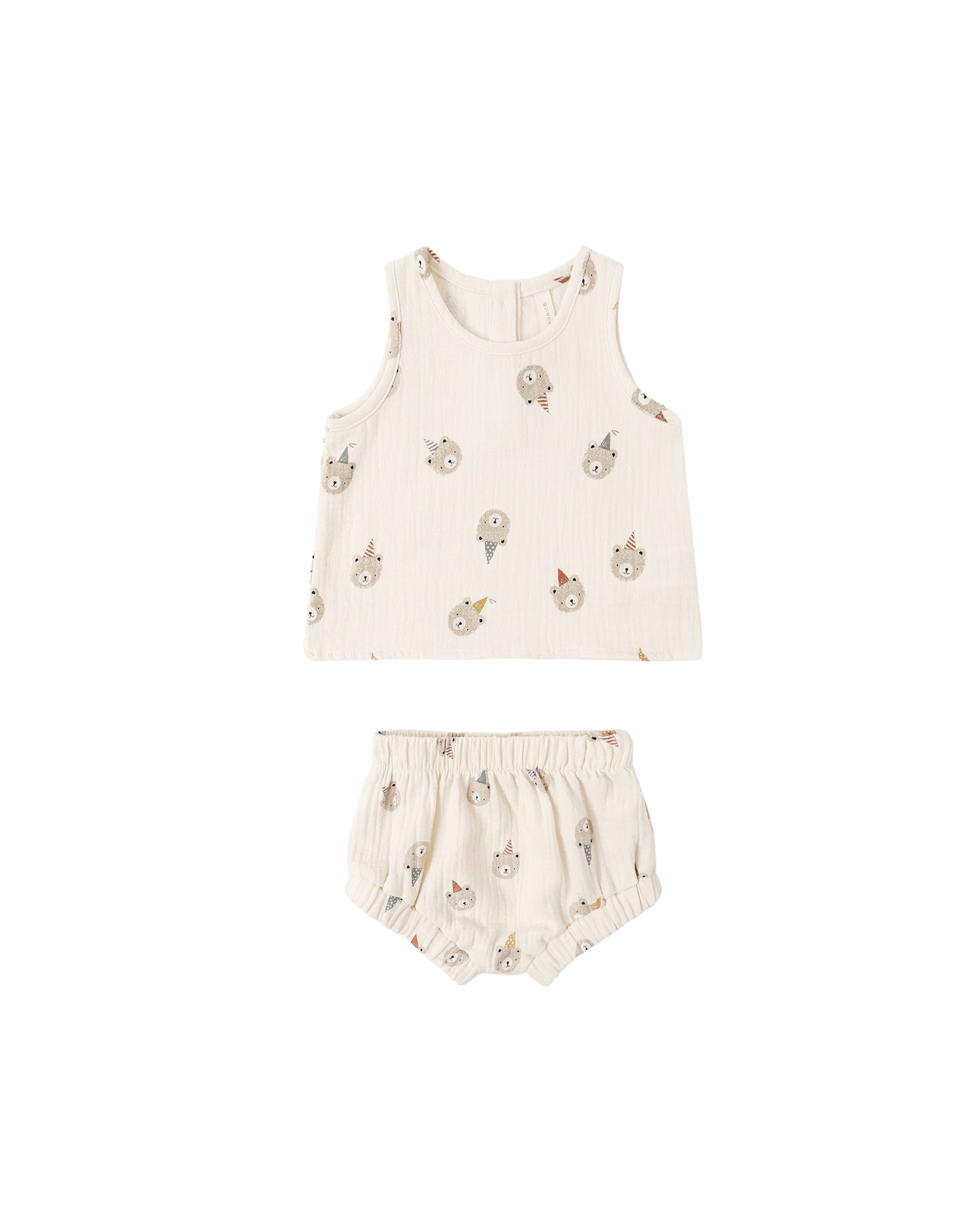 Natural woven tank top set for kids featuring playful bear illustrations, made by Quincy Mae.