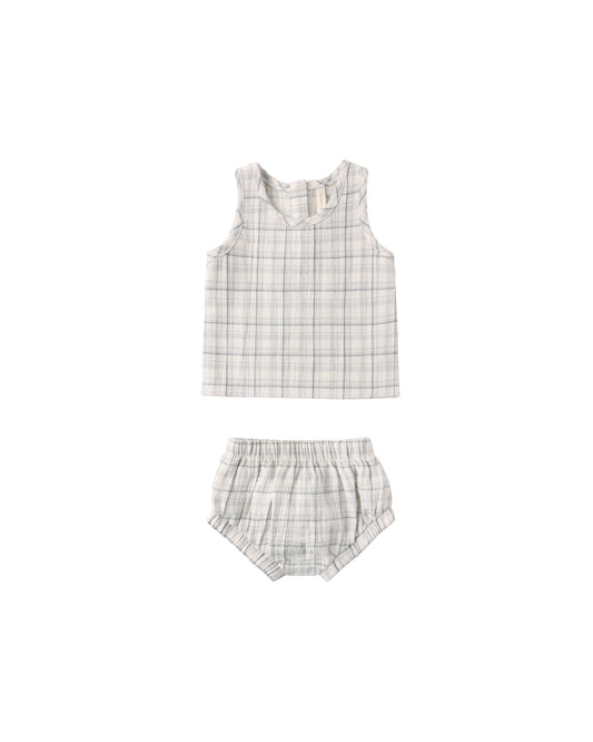 Blue plaid woven tank set by Quincy Mae featuring a sleeveless top and matching shorts, perfect for warm weather.