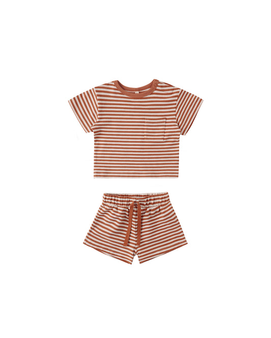 Quincy Mae Poppy Stripe Boxy Pocket Tee and Shorts set for kids, featuring a colorful striped pattern and front pocket detail.