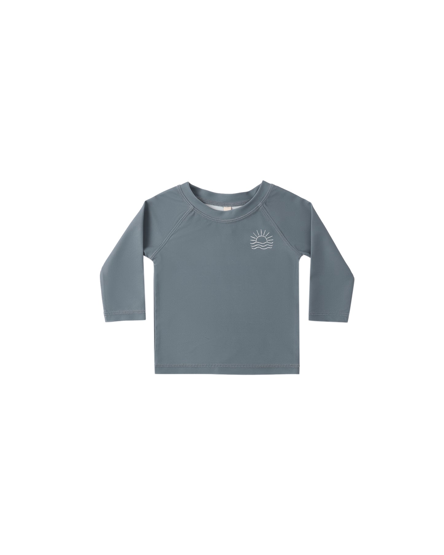 Quincy Mae Ocean Rashguard in blue with long sleeves and colorful ocean wave print, perfect for sun protection and water activities.