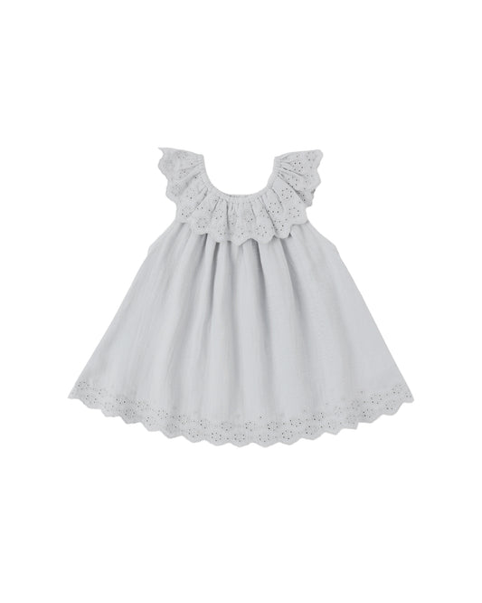 Sky Isla dress by Quincy Mae, lightweight cotton dress with sky blue color, featuring a flowy design and soft fabric.