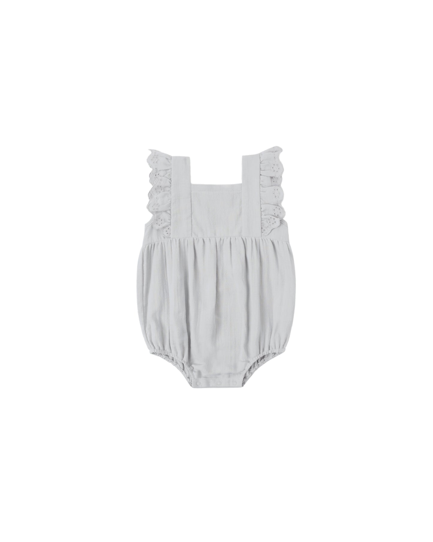 Sky blue Quincy Mae Naomi romper for babies, featuring soft fabric and relaxed fit, perfect for comfortable everyday wear.