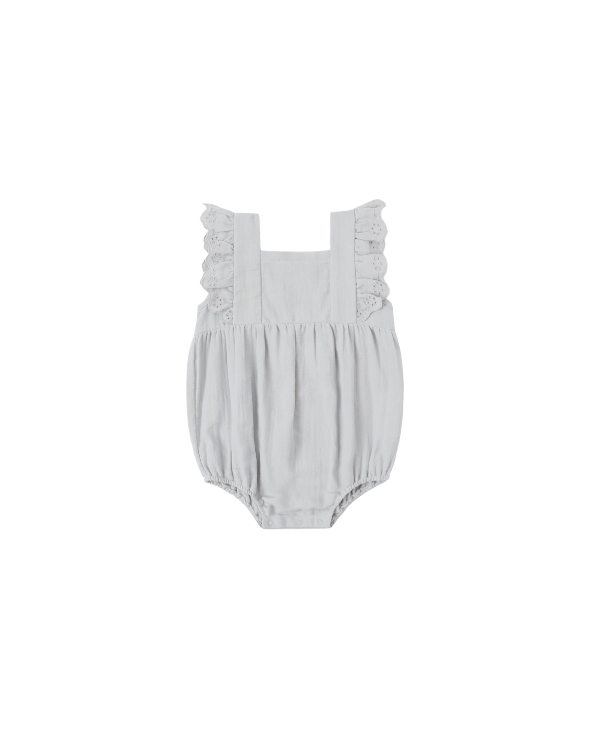 Sky blue Quincy Mae Naomi romper for babies, featuring soft fabric and relaxed fit, perfect for comfortable everyday wear.
