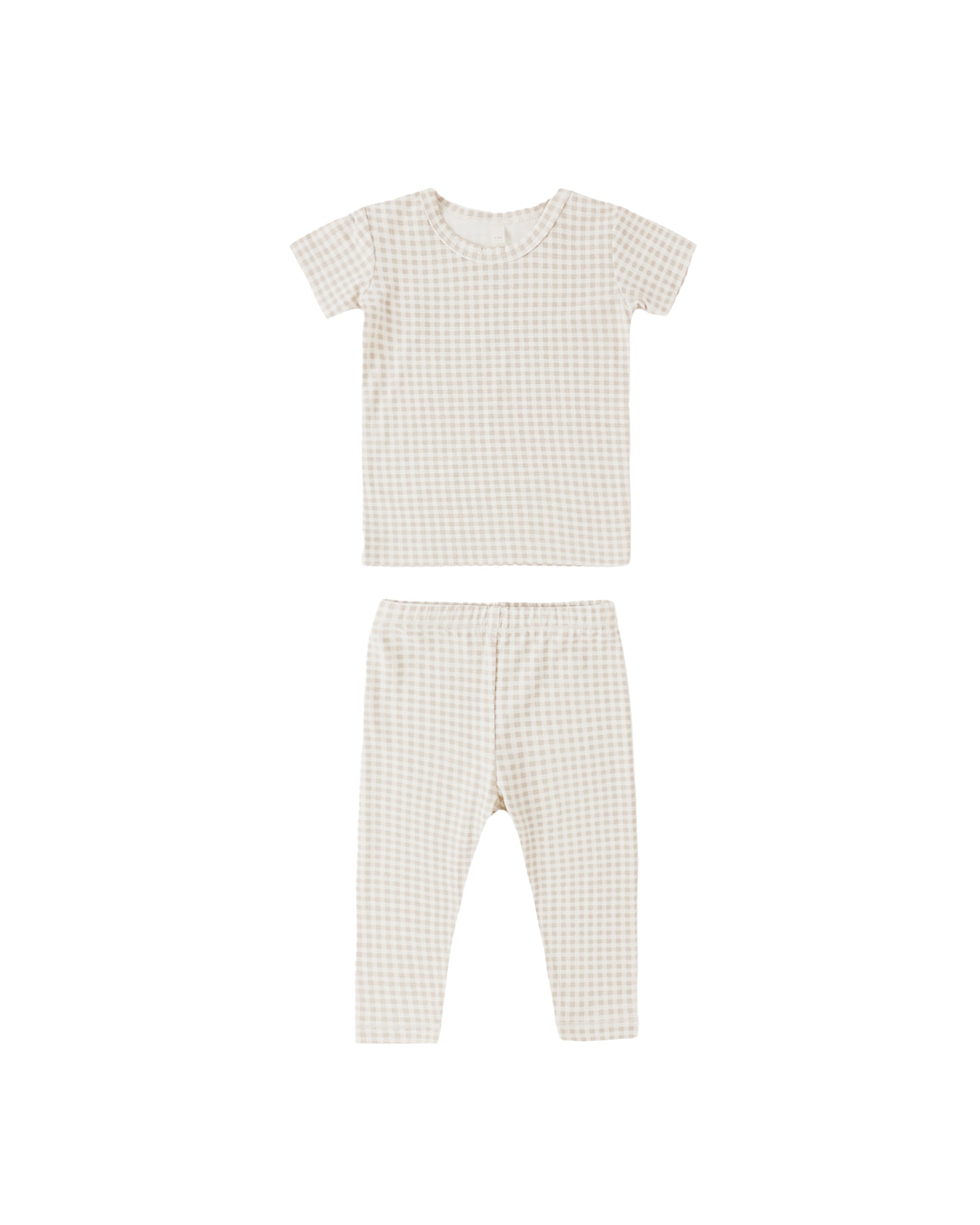 Oat Gingham Bamboo Short Sleeve Pajama Set by Quincy Mae, featuring a soft ivory fabric with a classic gingham pattern for comfortable sleepwear.