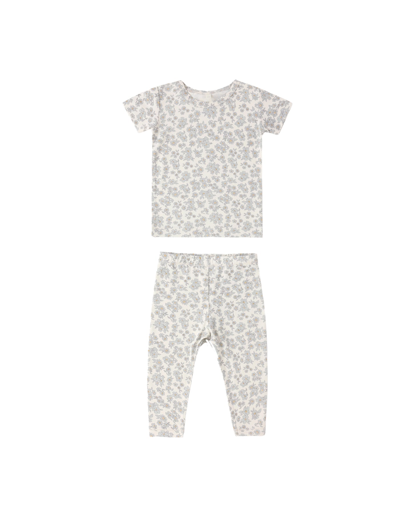 Blue floral bamboo short sleeve pajama set from Quincy Mae, featuring a relaxed fit and soft fabric, shown on a flat lay.