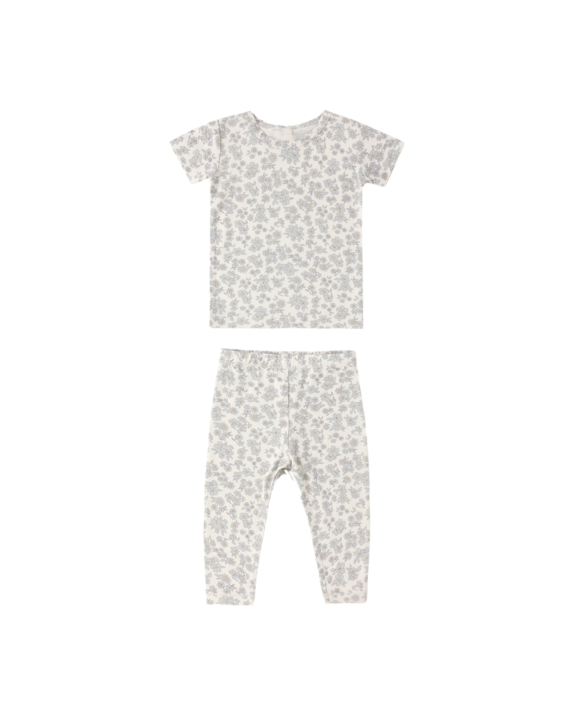Blue floral bamboo short sleeve pajama set from Quincy Mae, featuring a relaxed fit and soft fabric, shown on a flat lay.