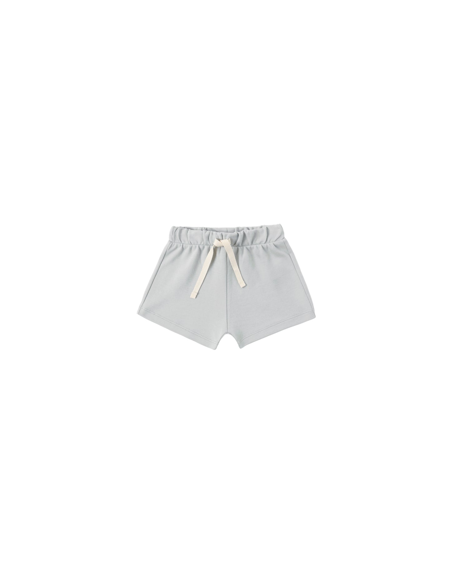 Sky blue Quincy Mae Sky Play Shorts for children, showing the soft fabric and comfortable fit, with a relaxed waistband.