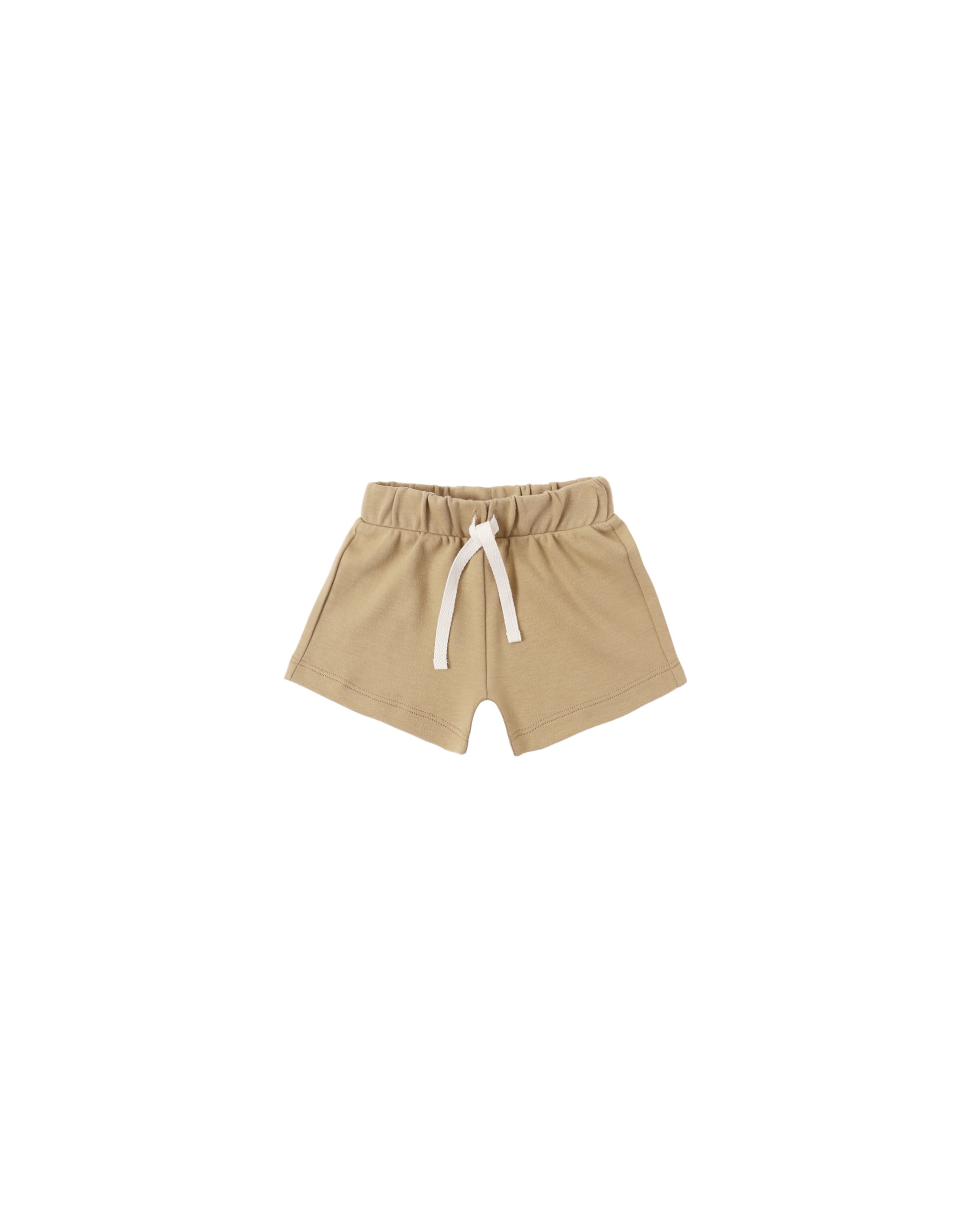 Honey Play Short by Quincy Mae, soft beige toddler shorts with an elastic waistband, displayed on a white background.