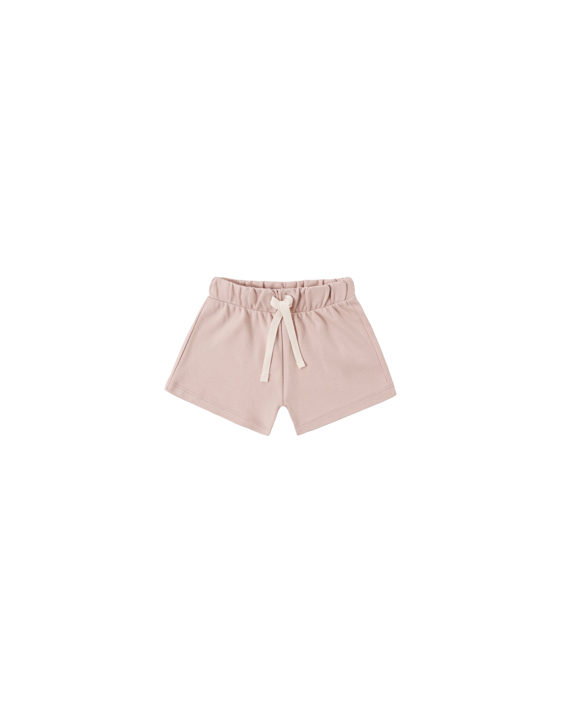 Baby blush pink Quincy Mae Play Short made from soft fabric, featuring a comfortable elastic waistband and relaxed fit.