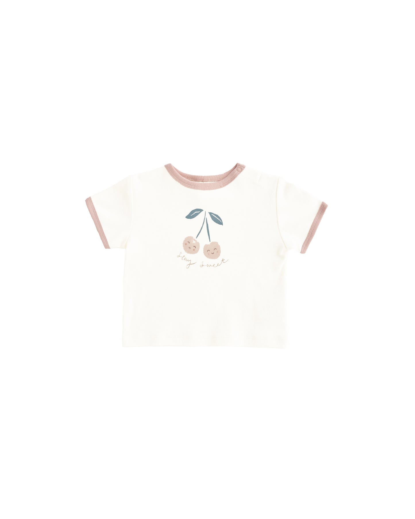 Cream-colored Cherry Ringer Tee by Quincy Mae, featuring a classic ringer neckline and cherry graphic on soft cotton fabric.