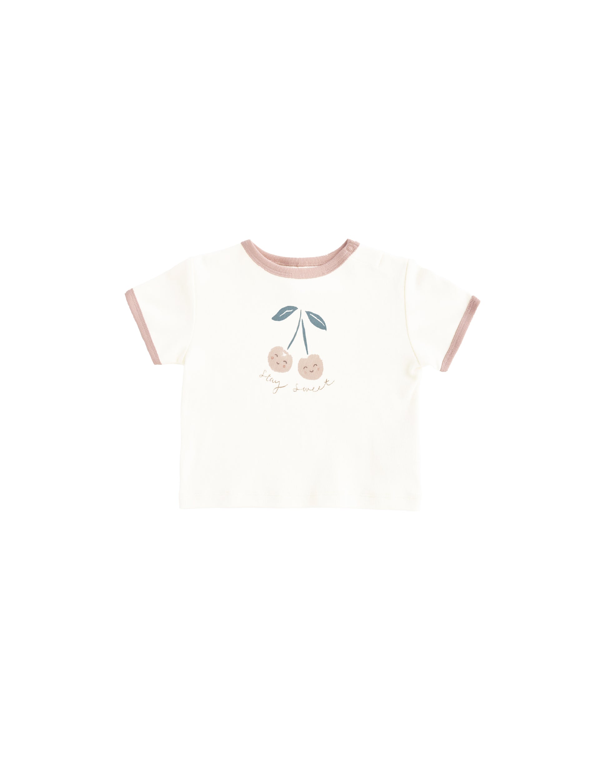 Cream-colored Cherry Ringer Tee by Quincy Mae, featuring a classic ringer neckline and cherry graphic on soft cotton fabric.