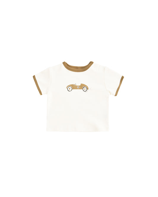 Ivory race car ringer tee by Quincy Mae featuring a sporty graphic on the front, made from soft comfortable fabric.