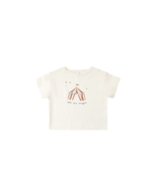 Ivory "You Are Magic" boxy tee by Quincy Mae, featuring a relaxed fit and soft cotton fabric, displayed on a white background.