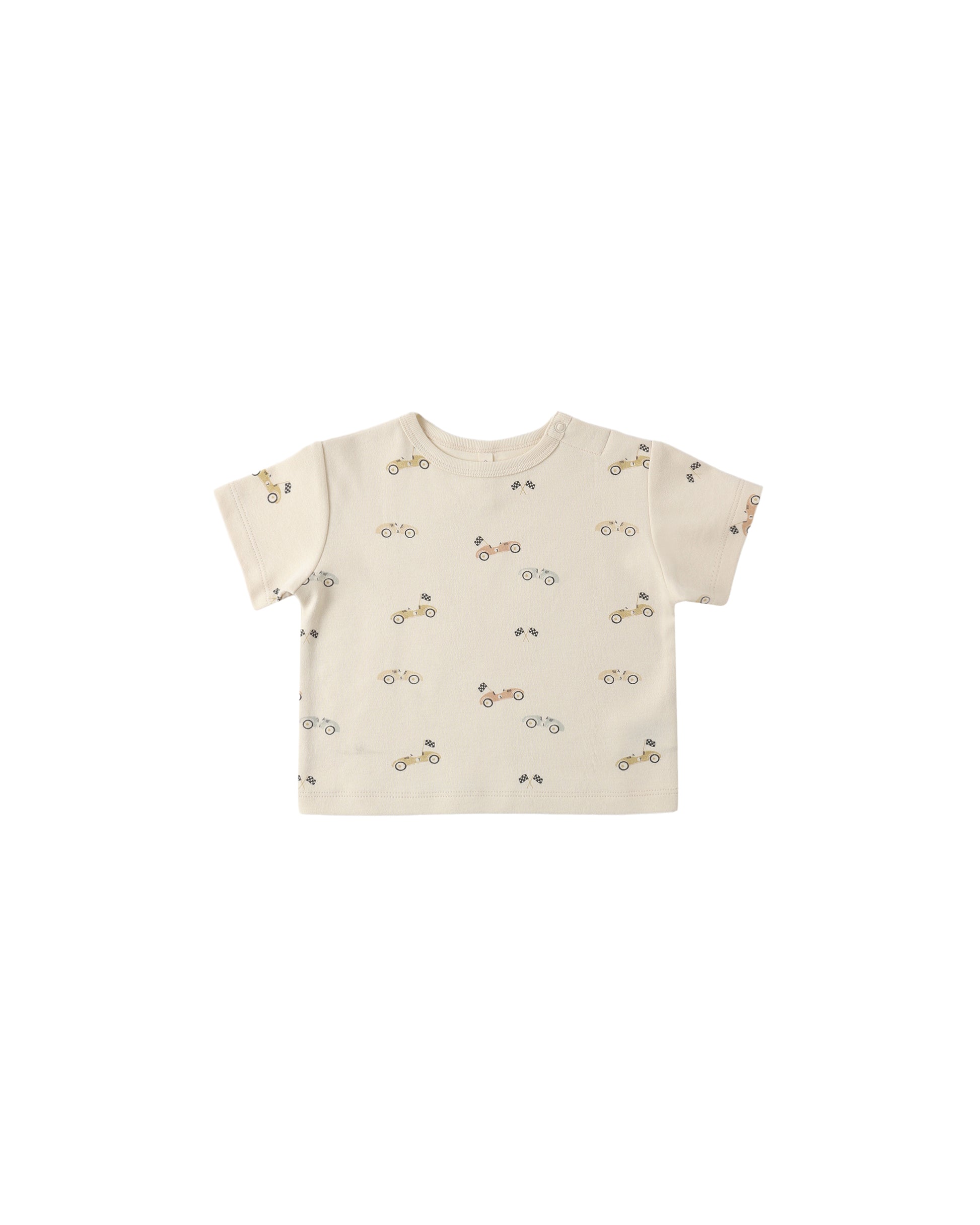Natural-colored Race Car Boxy Tee by Quincy Mae, featuring a playful race car graphic on soft, casual cotton fabric.