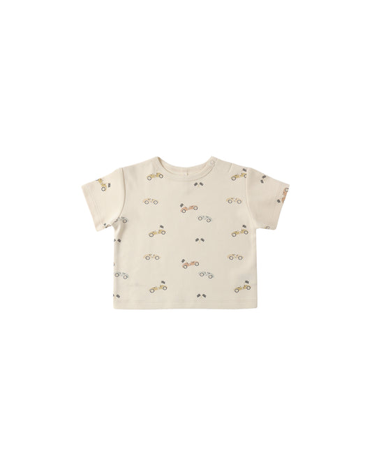 Natural-colored Race Car Boxy Tee by Quincy Mae, featuring a playful race car graphic on soft, casual cotton fabric.