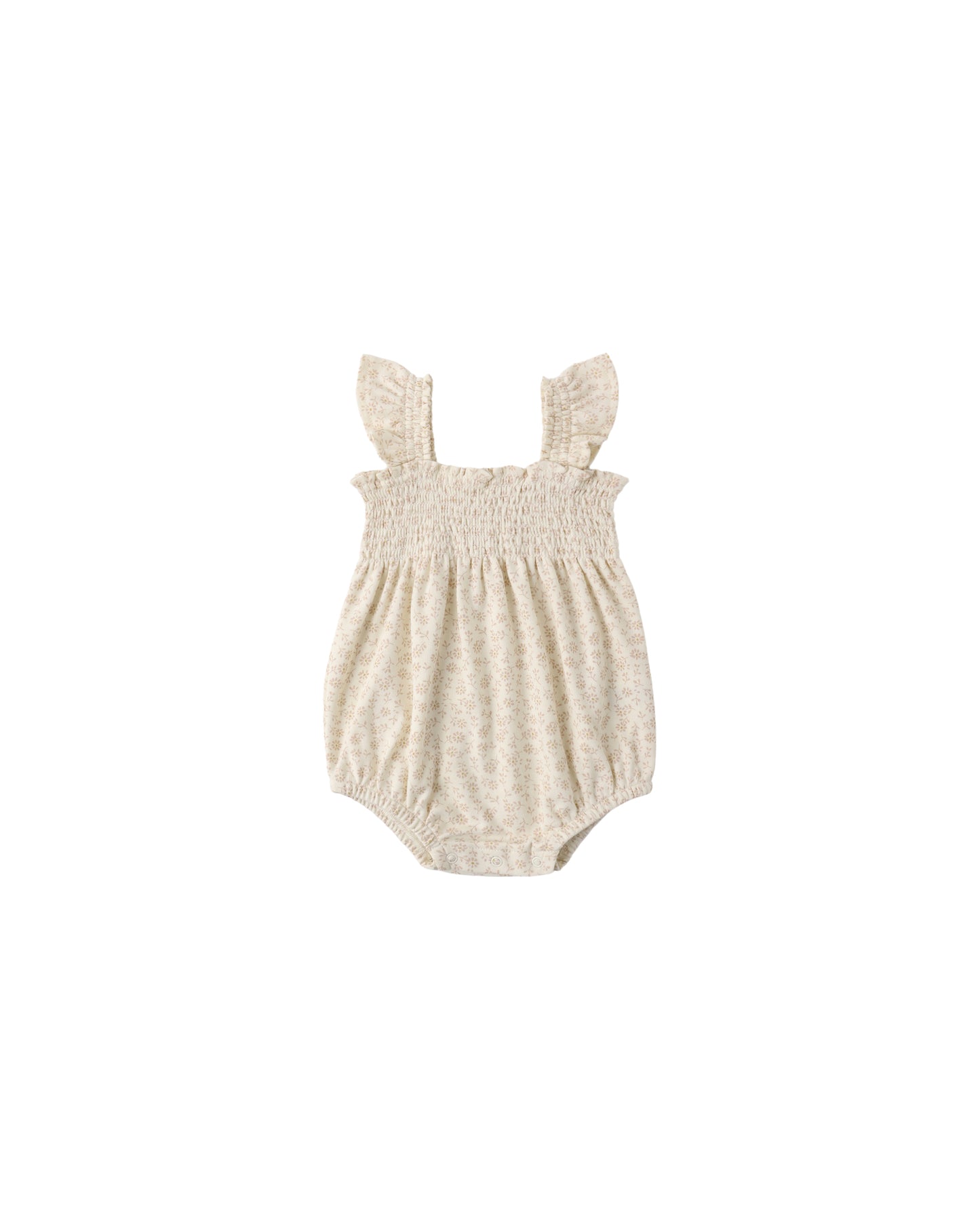 Ivory Ditsy Smocked Ruffle Sleeve Romper by Quincy Mae, featuring a playful floral pattern and ruffle details for a cute, breezy look.