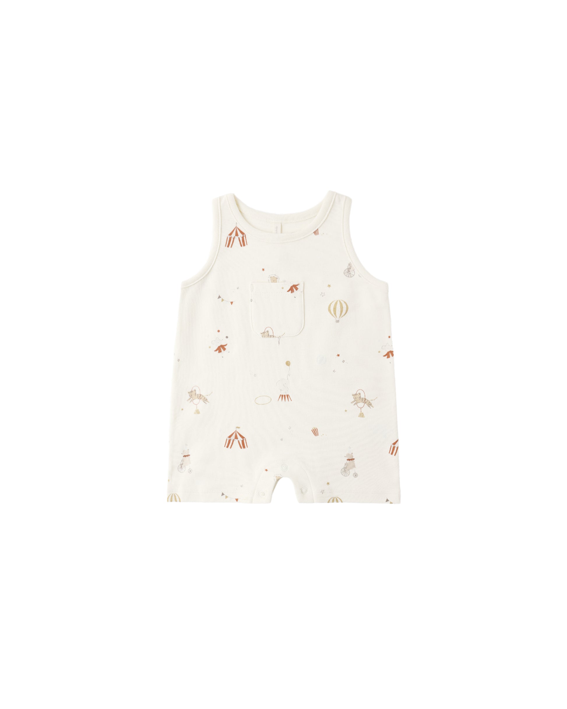 Quincy Mae Ivory Carnival Sleeveless One-Piece baby romper with soft fabric and simple design, suitable for warm weather.