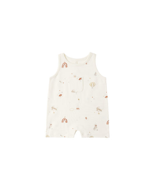 Quincy Mae Ivory Carnival Sleeveless One-Piece baby romper with soft fabric and simple design, suitable for warm weather.