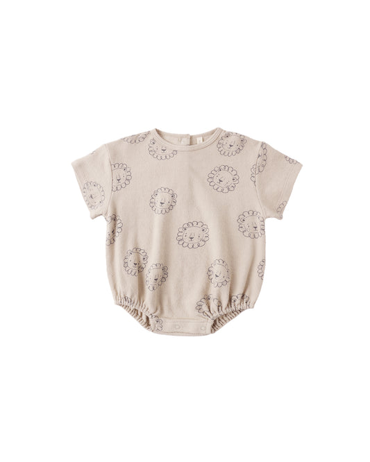 Quincy Mae Lion relaxed short sleeve bubble romper for babies, in oat fabric with soft, comfortable design.