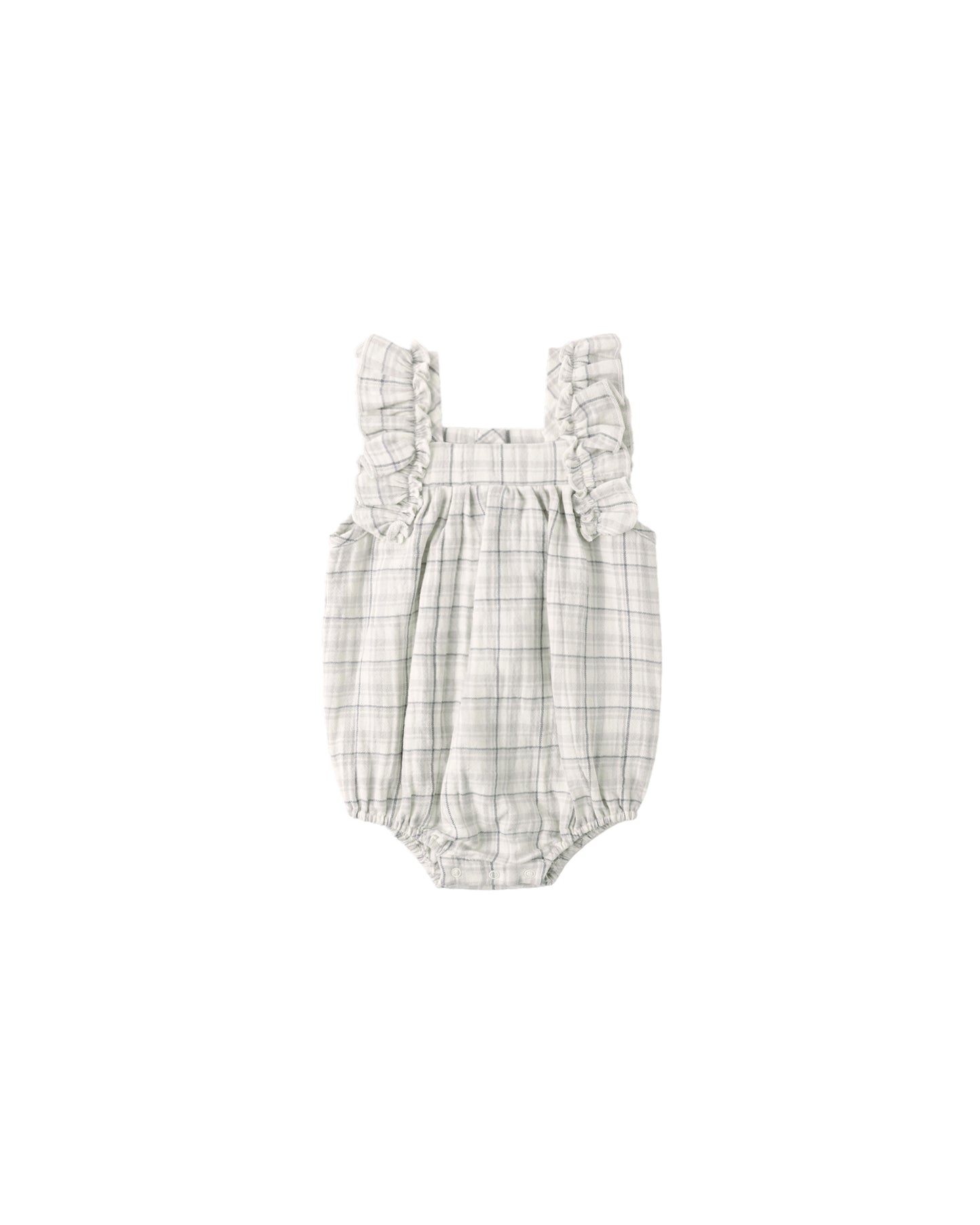 Blue plaid Maya romper by Quincy Mae, featuring soft fabric, long sleeves, and a comfortable fit for babies or toddlers.