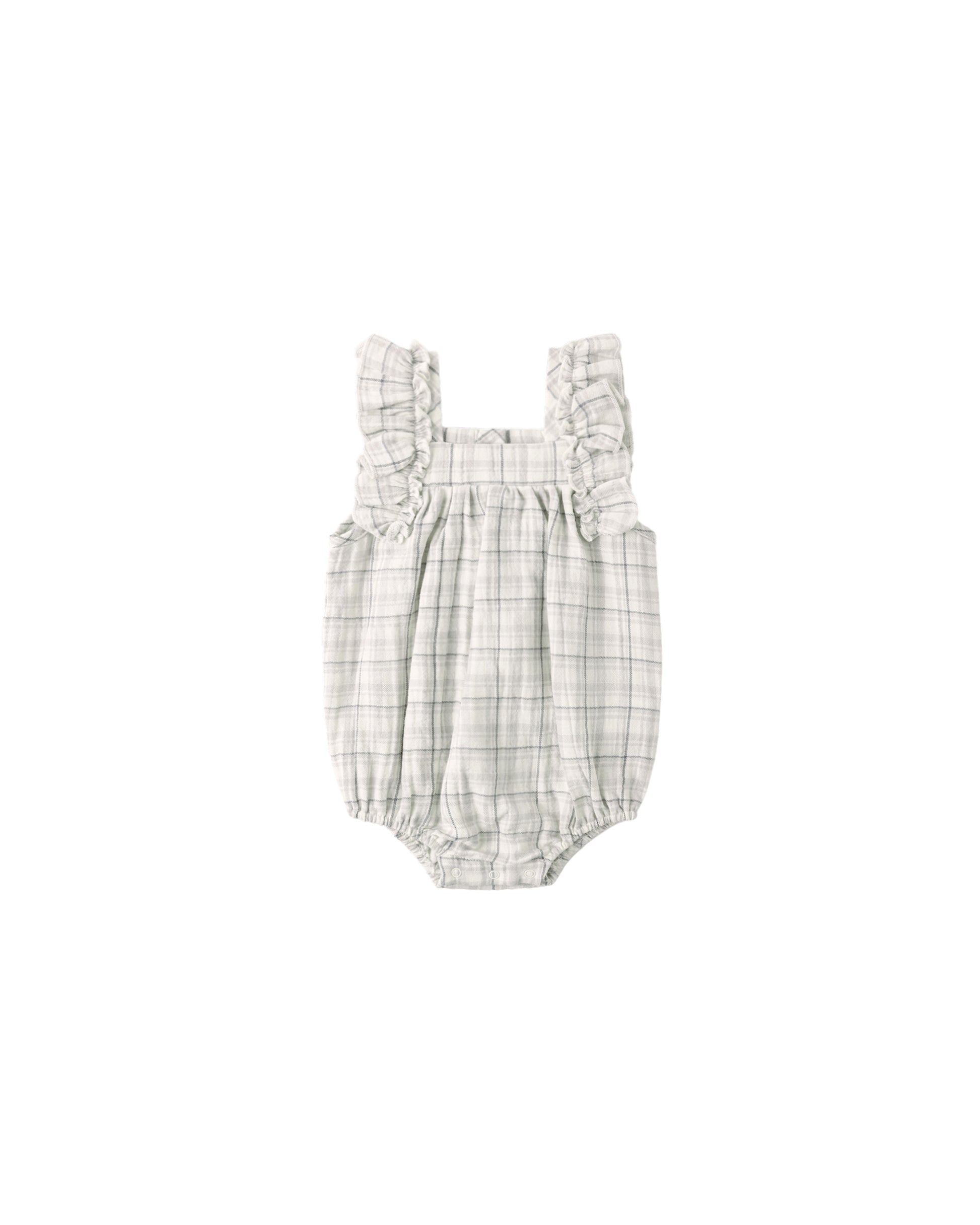 Blue plaid Maya romper by Quincy Mae, featuring soft fabric, long sleeves, and a comfortable fit for babies or toddlers.