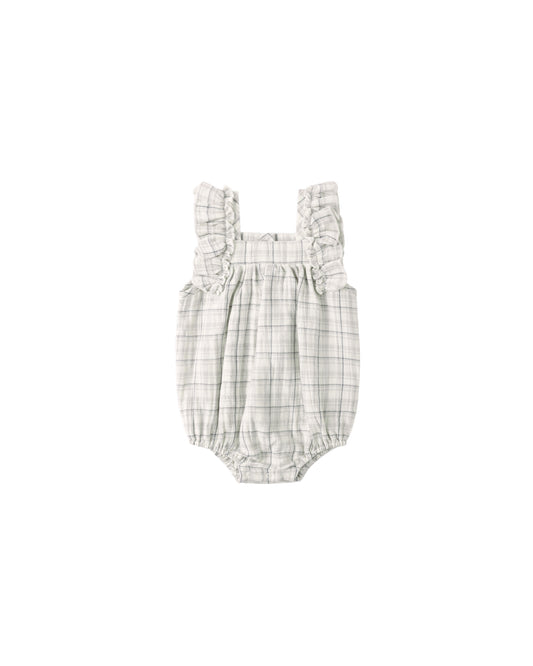 Blue plaid Maya romper by Quincy Mae with short sleeves and button details, displayed on a hanger.