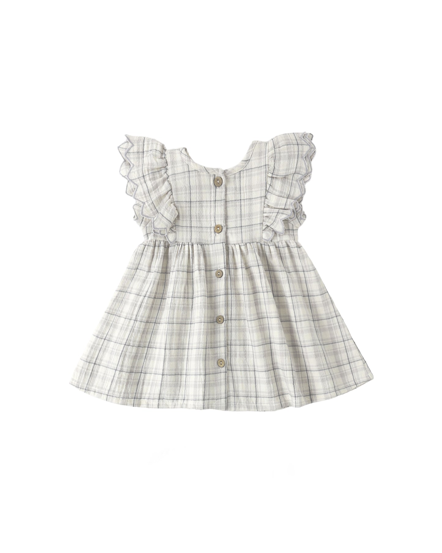 Blue plaid Alina dress by Quincy Mae, featuring a soft fabric and classic pattern, displayed on a hanger.