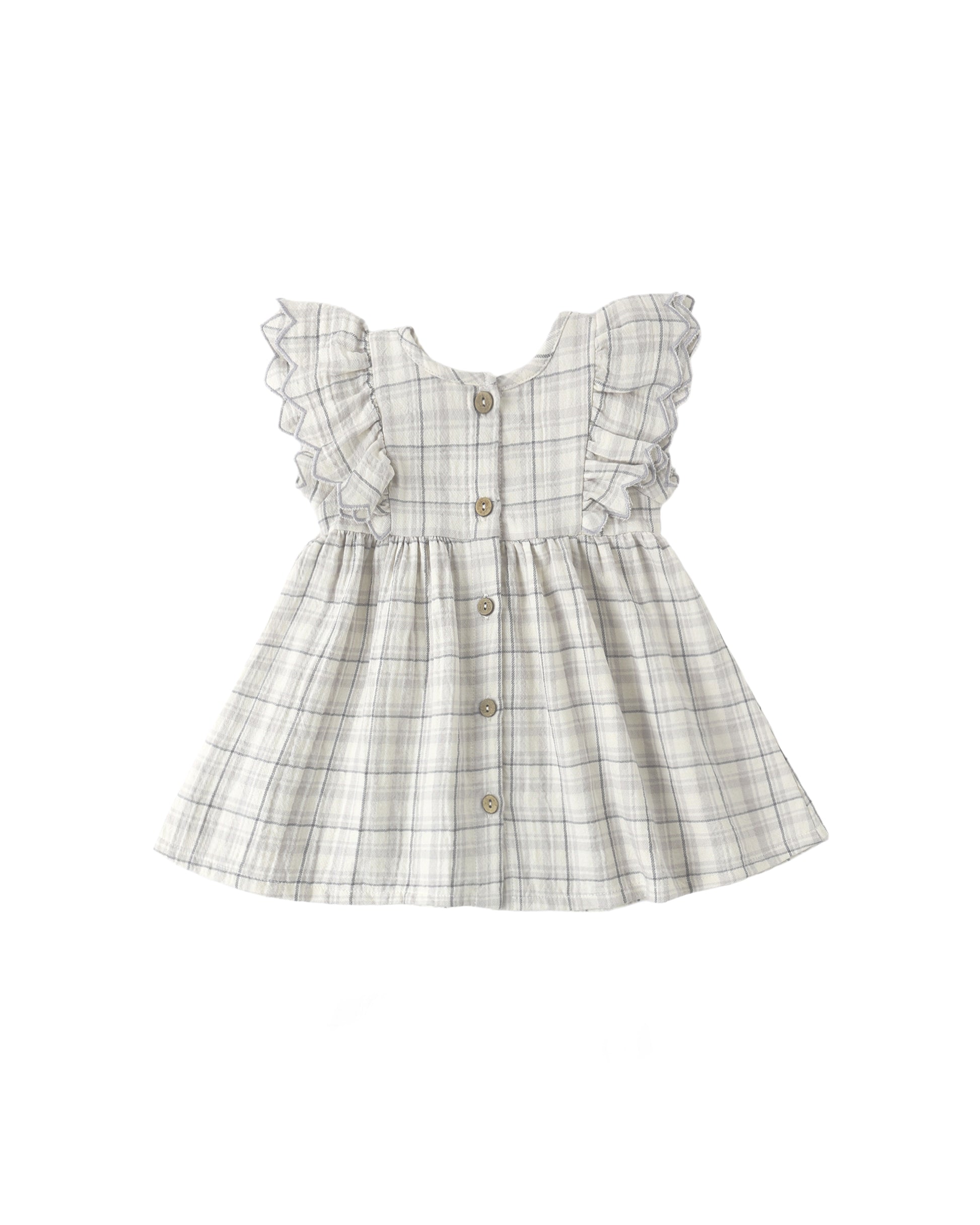 Blue plaid Alina dress by Quincy Mae, featuring a soft fabric and classic pattern, displayed on a hanger.