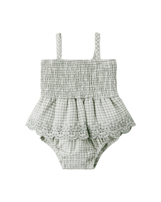 Sage Gingham Smocked Skirted Romper