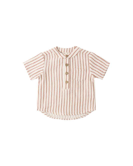Cream and navy vintage stripe Jaxson shirt by Quincy Mae, featuring classic pattern and soft fabric.