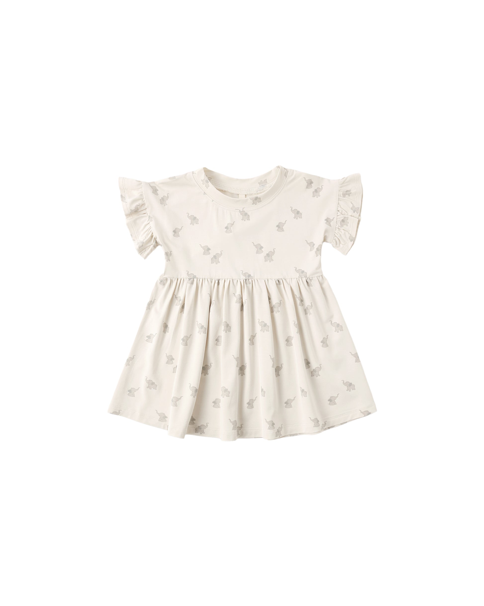 Natural bamboo baby doll dress featuring elephant print, designed by Quincy Mae with soft, breathable fabric for comfort.