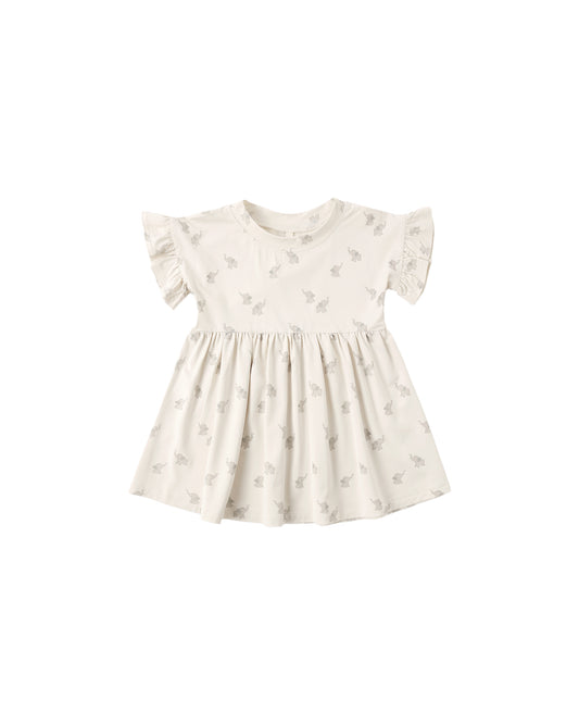 Natural bamboo baby doll dress featuring elephant print, designed by Quincy Mae with soft, breathable fabric for comfort.