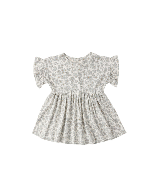 Blue floral bamboo baby doll dress by Quincy Mae with delicate floral pattern and soft fabric, front view.