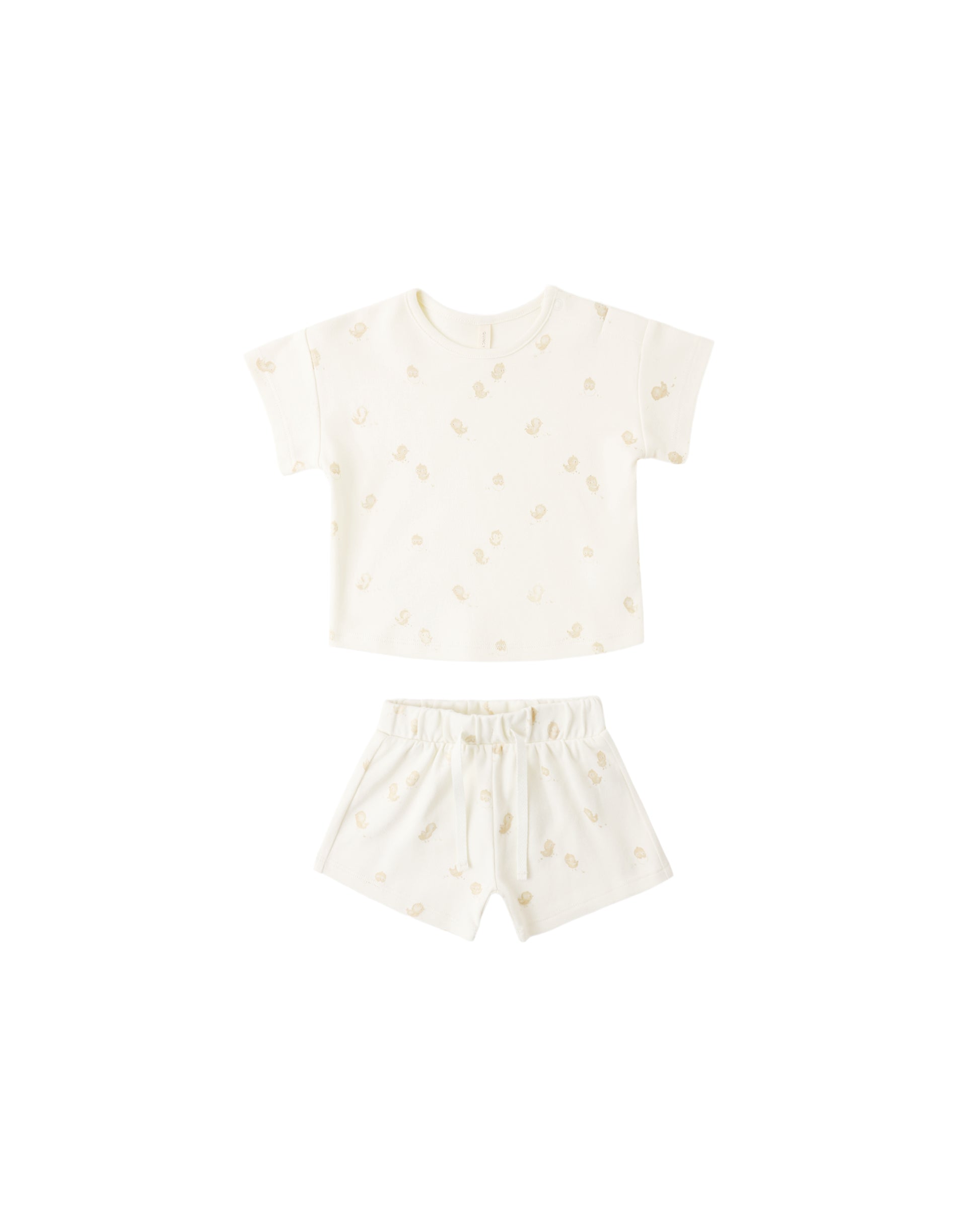 Quincy Mae Chicks Frankie Set for babies, featuring soft ivory fabric and playful chick prints, perfect for comfortable everyday wear.