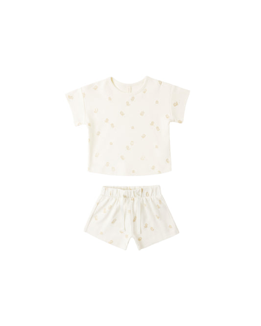 Quincy Mae Chicks Frankie Set for babies, featuring soft ivory fabric and playful chick prints, perfect for comfortable everyday wear.