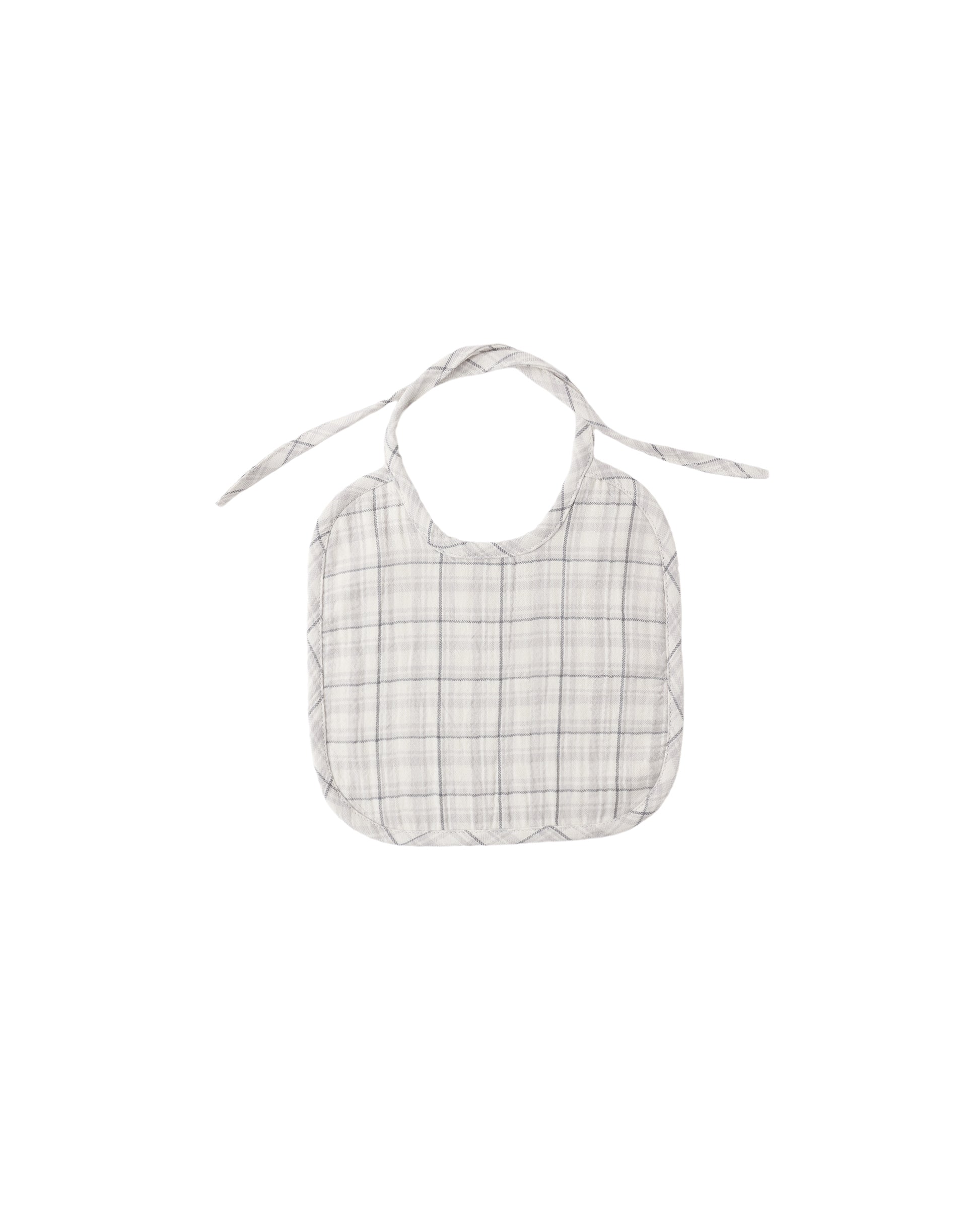 Blue plaid woven tie bib for babies by Quincy Mae, featuring soft fabric and adjustable neck closure.