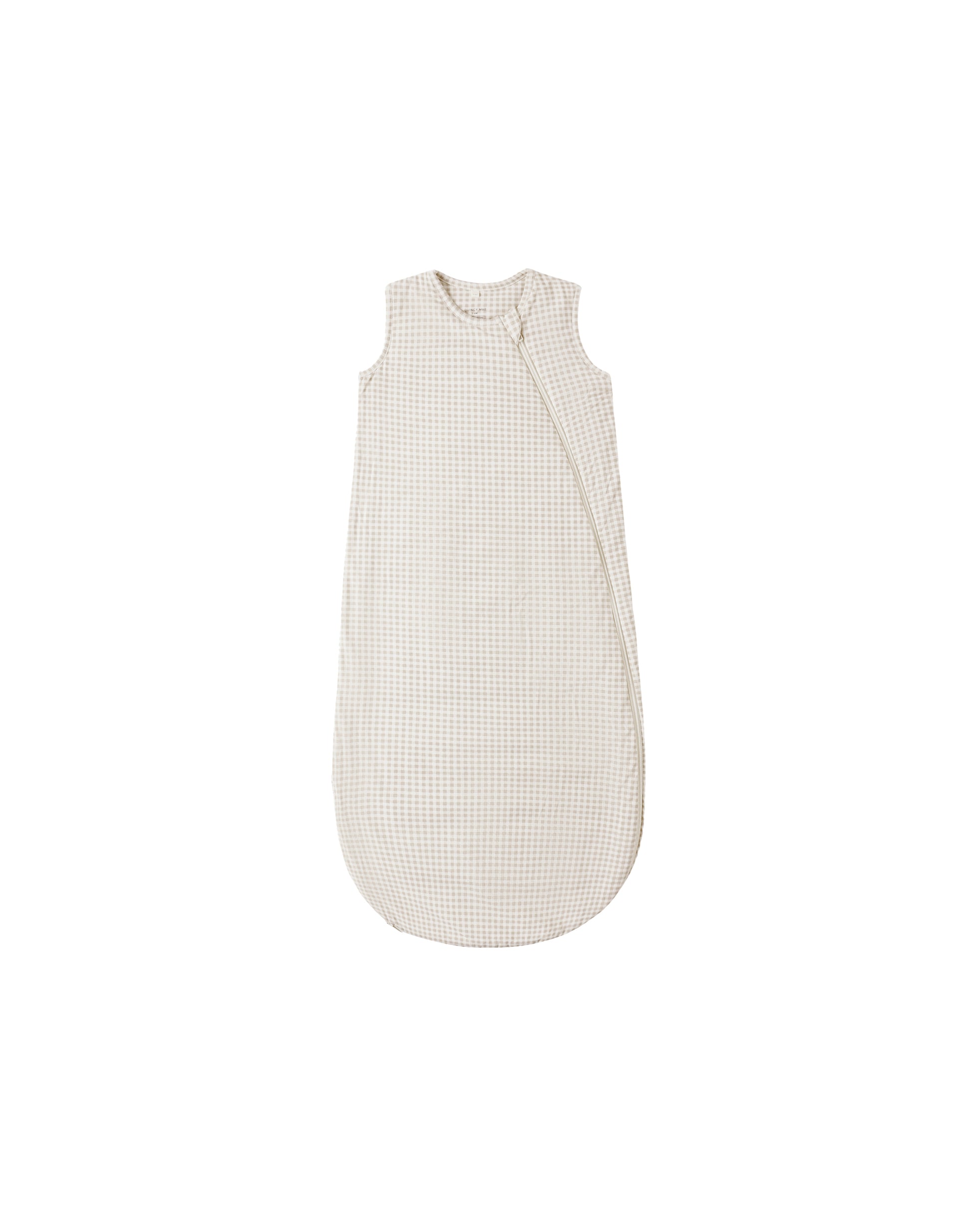 Ivory bamboo sleep bag with oat gingham pattern by Quincy Mae, featuring soft fabric and cozy design for babies.