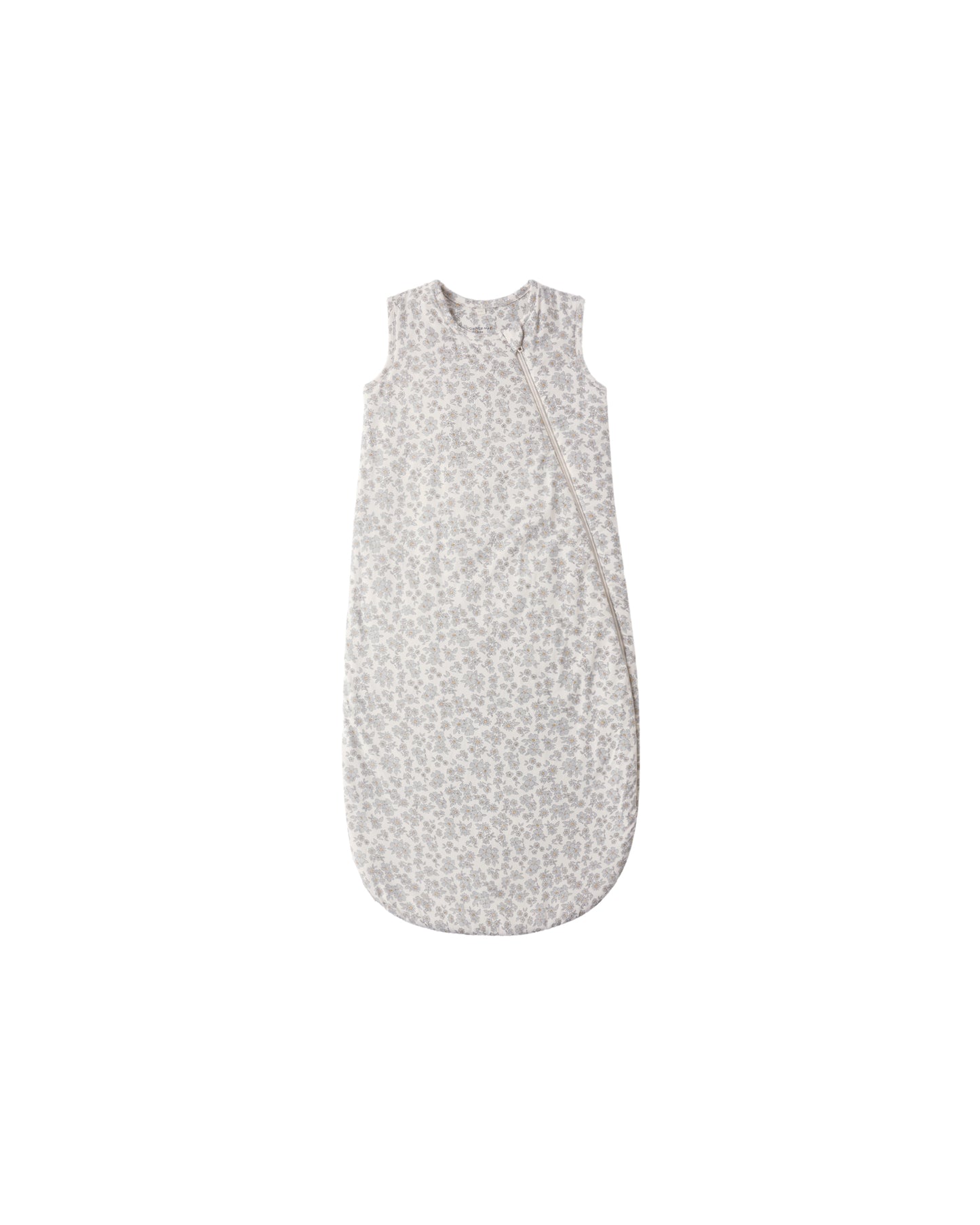 Blue floral bamboo sleep bag by Quincy Mae, showing soft fabric with a delicate floral pattern and a cozy design for babies.