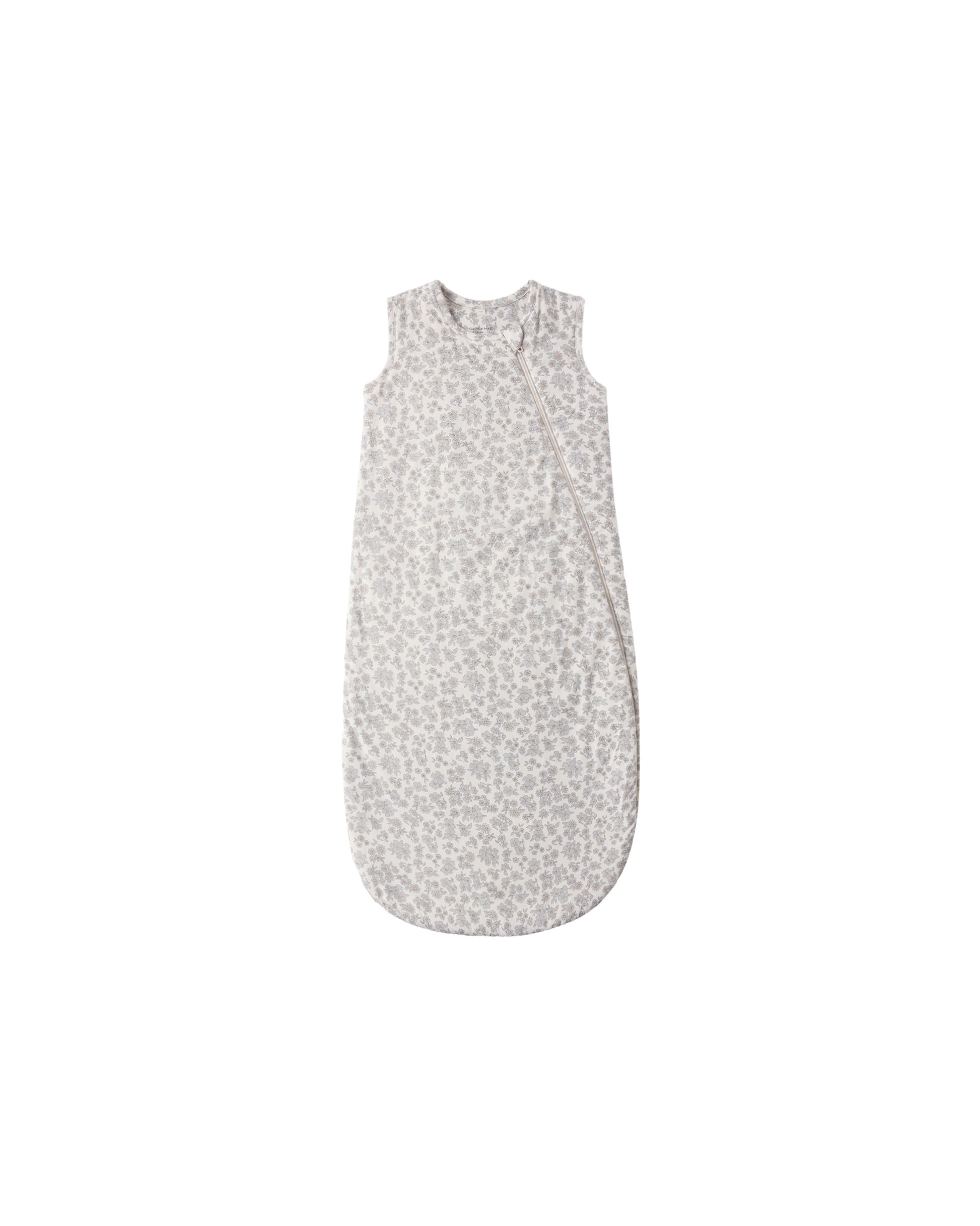 Blue floral bamboo sleep bag by Quincy Mae, showing soft fabric with a delicate floral pattern and a cozy design for babies.