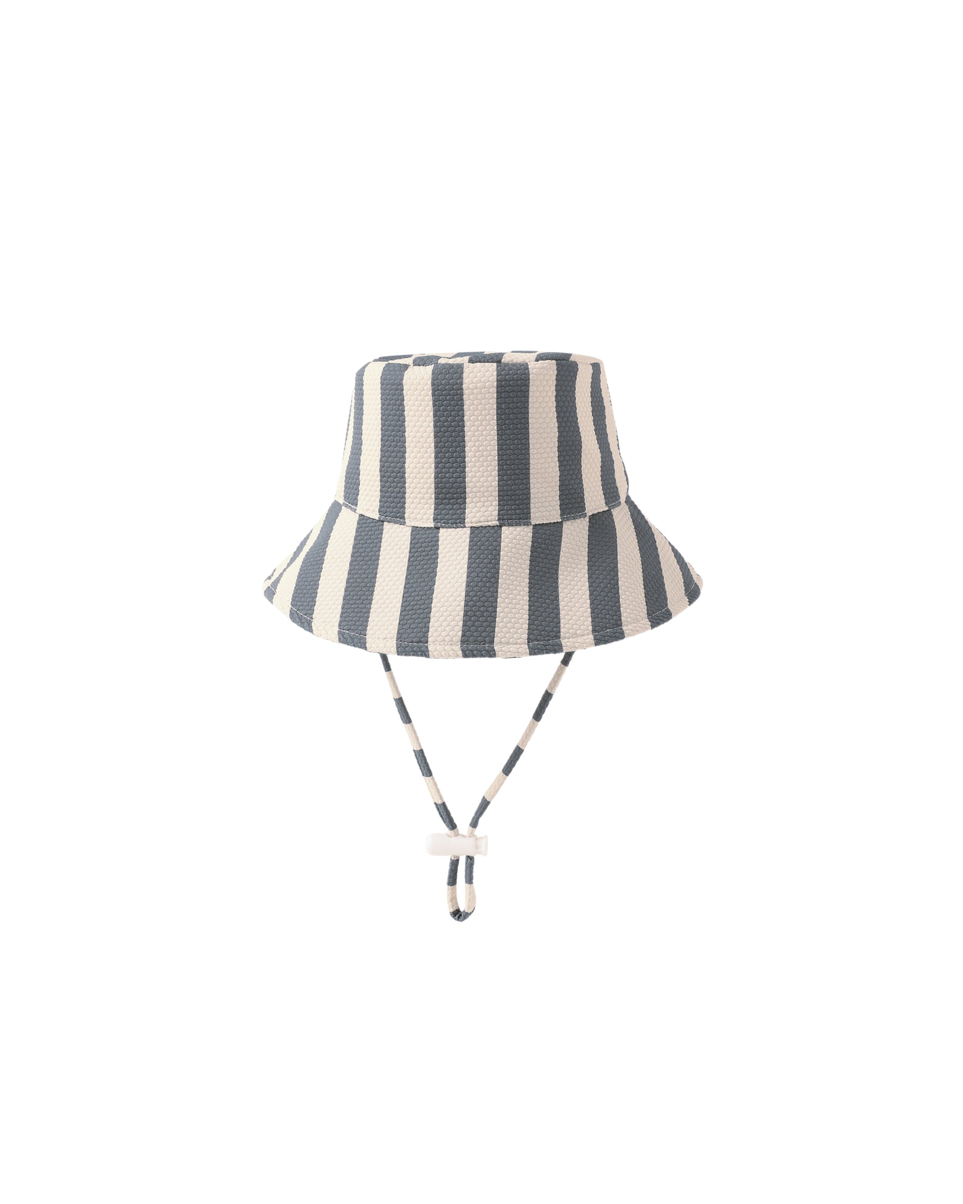 Retro Ocean Stripe Bucket Hat by Quincy Mae featuring blue and white striped pattern and wide brim for sun protection.