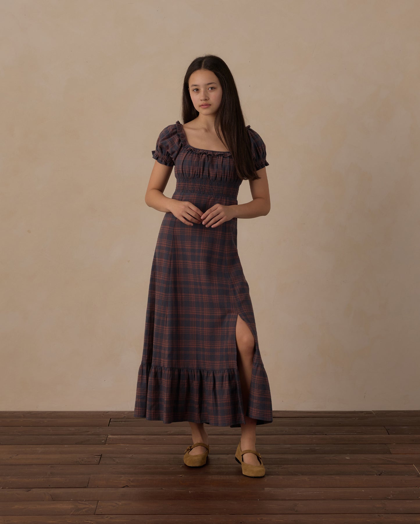 Teen Midnight Plaid Lana Dress by Rylee & Cru featuring a plaid pattern, long sleeves, and a relaxed fit for casual wear.