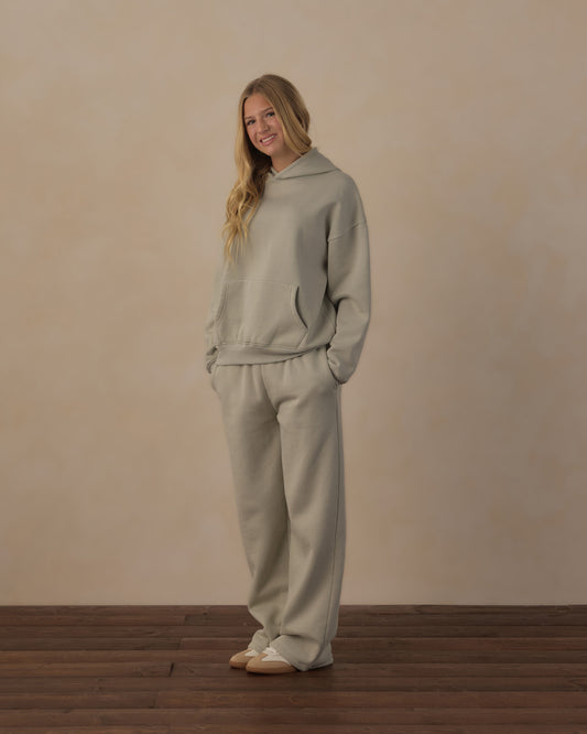 Teen Sage Relaxed Hoodie by Rylee & Cru, showing a cozy, oversized sage green hoodie with a front pocket and hood.