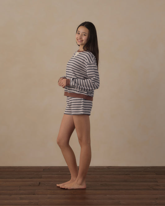 Teen Midnight Stripe Oversized Crew Sweatshirt by Rylee & Cru featuring navy and white horizontal stripes on a cozy, oversized sweatshirt.