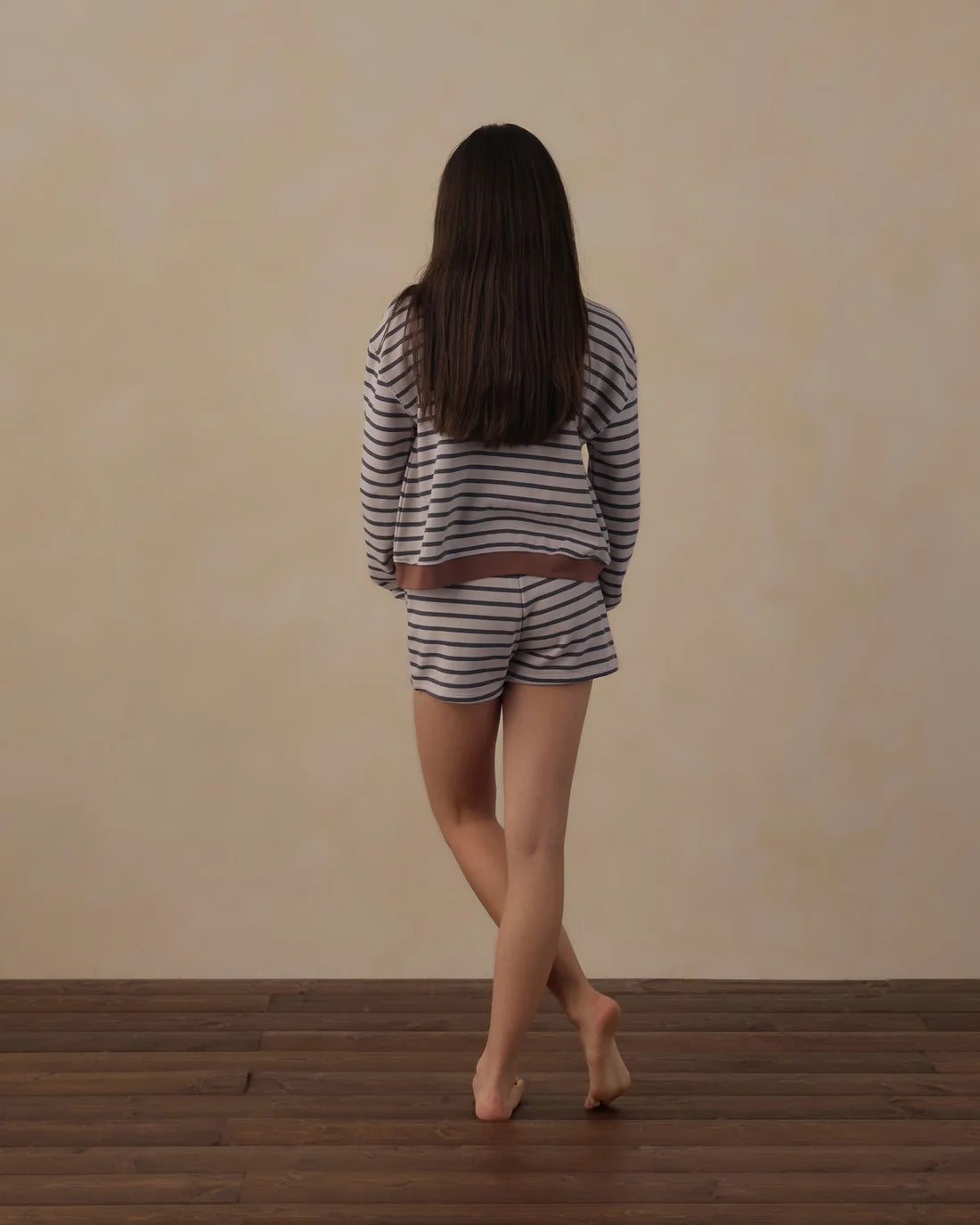 Teen Midnight Stripe Sweat Shorts by Rylee & Cru featuring navy and white striped fabric and a relaxed fit.