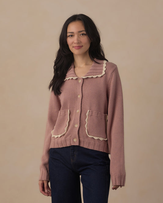 Women's Rosewood collared cardigan by Rylee & Cru, featuring a soft knit fabric and button closure, worn by a model.