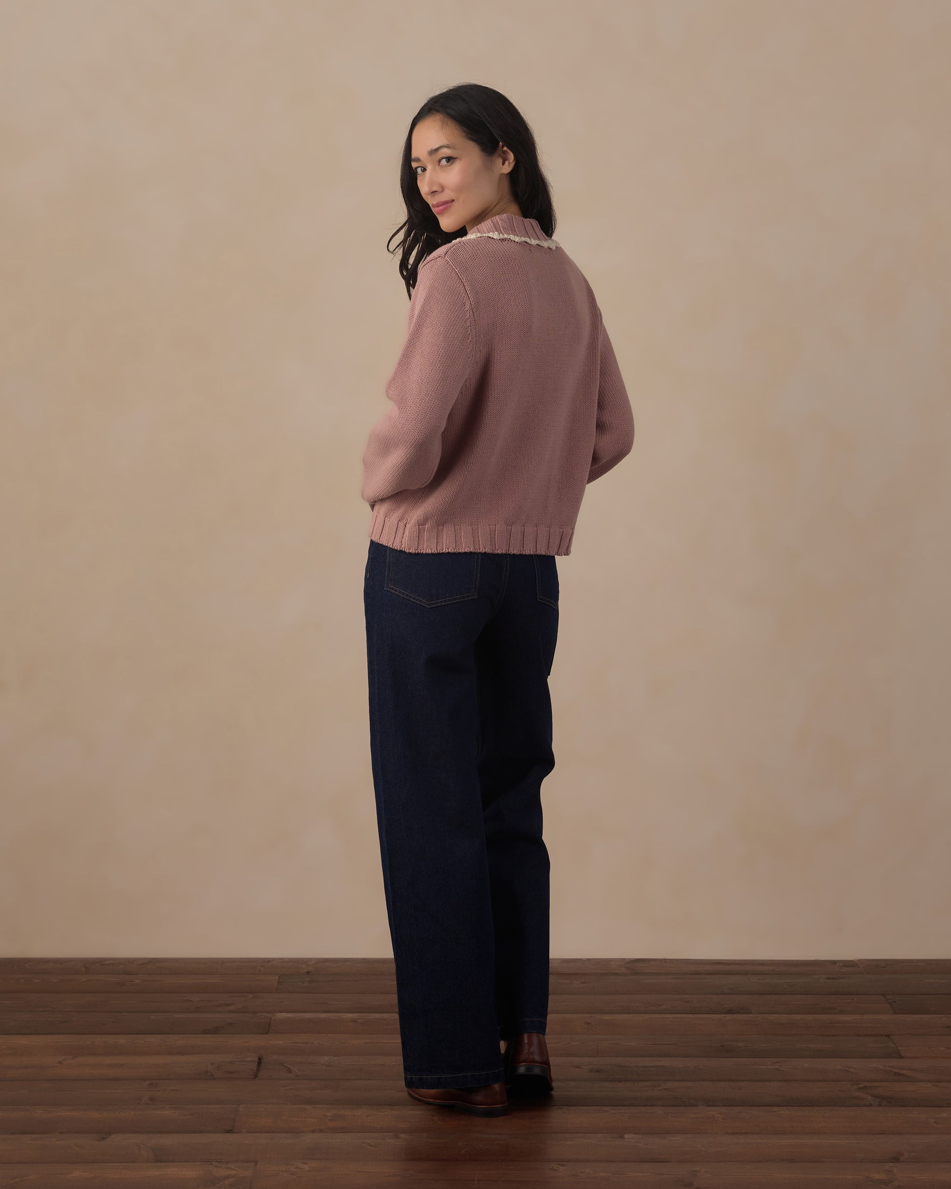 Women's rosewood-colored collared cardigan by Rylee & Cru, featuring a button-up front and soft knit fabric.