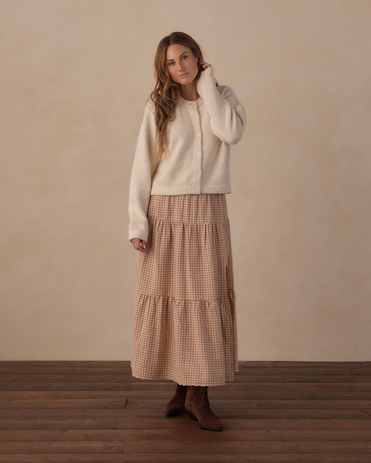 Women's fawn gingham tiered midi skirt by Rylee & Cru, featuring a flowy, layered design and elastic waistband.