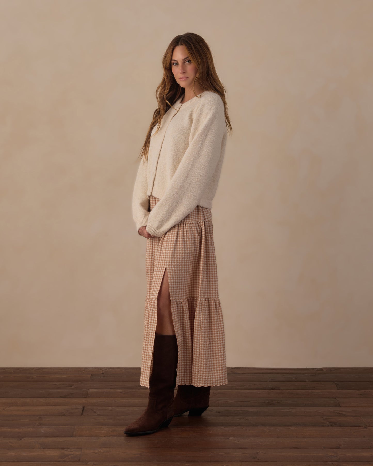 Women’s fawn gingham tiered midi skirt by Rylee & Cru, featuring a flowy, tiered design and classic gingham pattern.