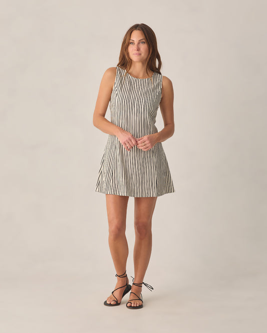 Women's wavy striped Indi mini dress by Rylee & Cru featuring a relaxed fit and stylish pattern, displayed on a model.
