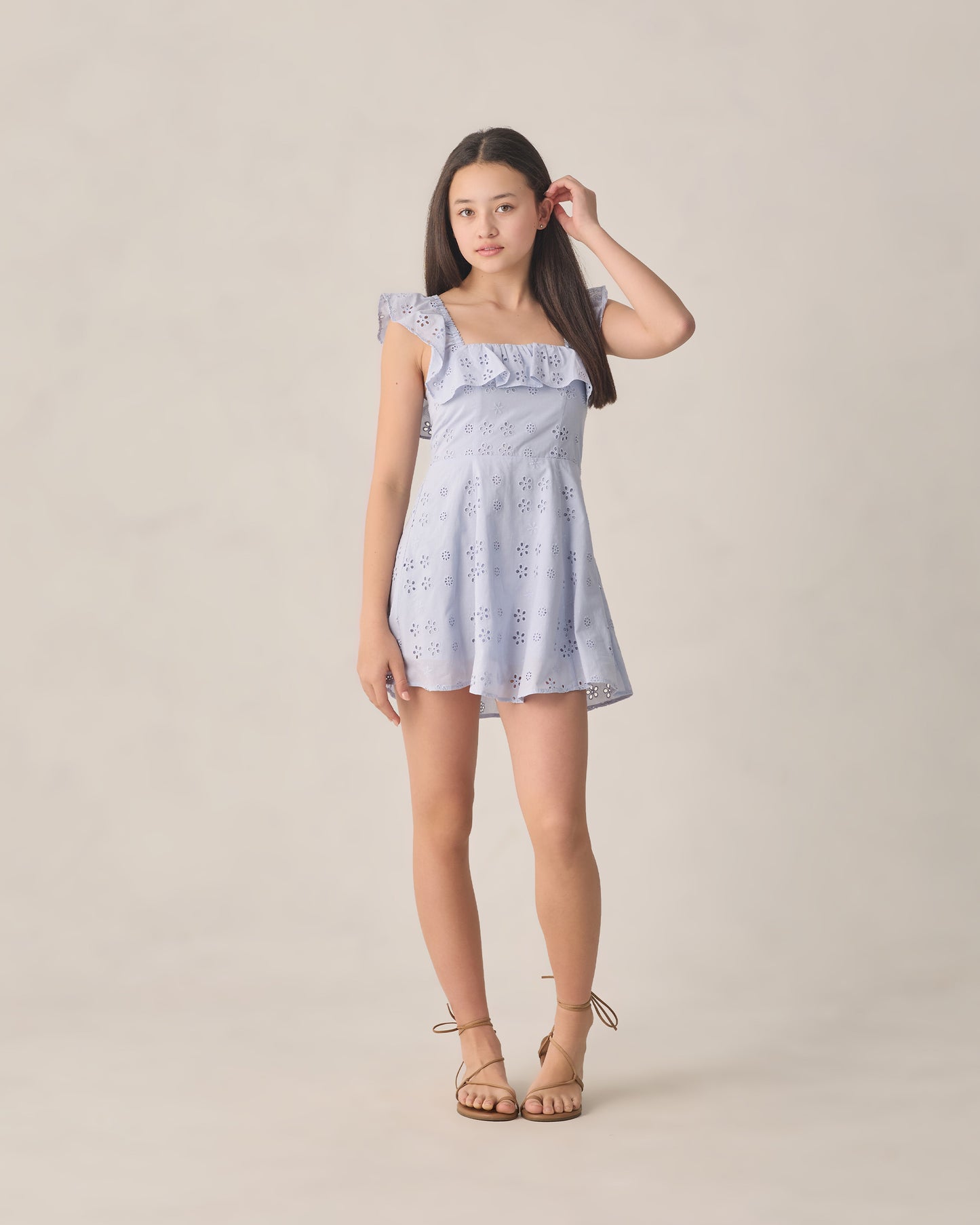 Teen Periwinkle Bianca Mini Dress by Rylee & Cru, featuring a flowy periwinkle fabric with adjustable straps and a relaxed fit.